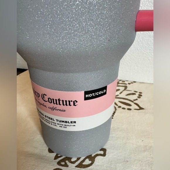 Juicy Couture Sparkly Glitter Gray & Hot Pink Tumbler with Straw Topper 40oz - Picture 5 of 5